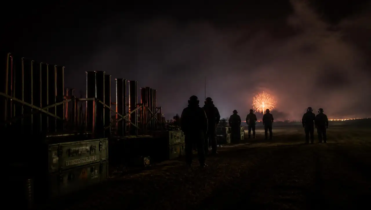 Pyrotechnic crew working beside mortar racks and shipping cases at night