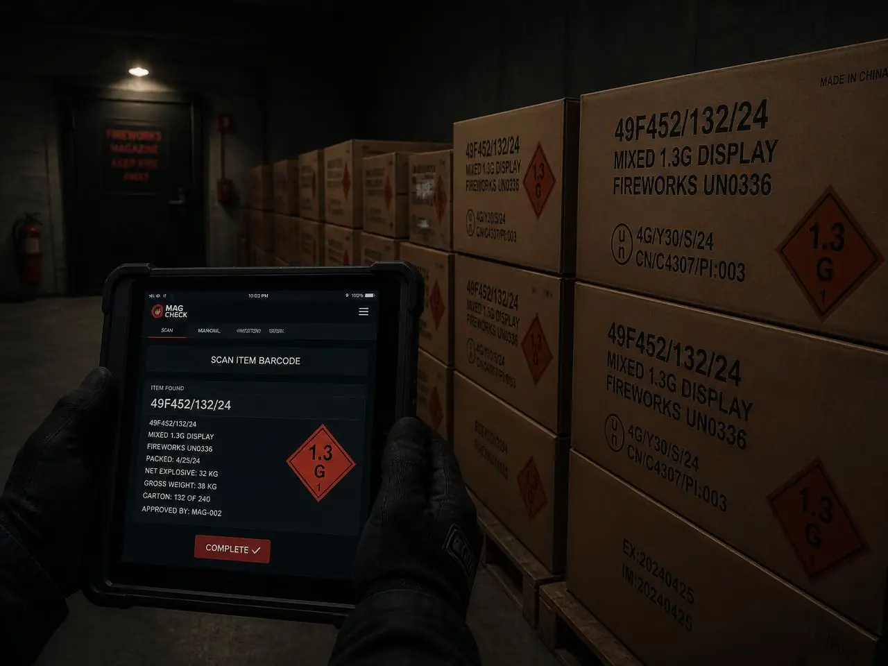 Crew member scanning a labeled case of display fireworks on a tablet inside a magazine