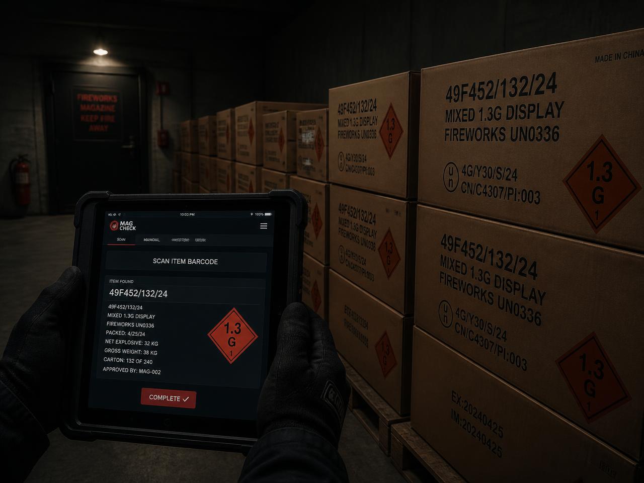 Crew member scanning a labeled case of display fireworks on a tablet inside a magazine